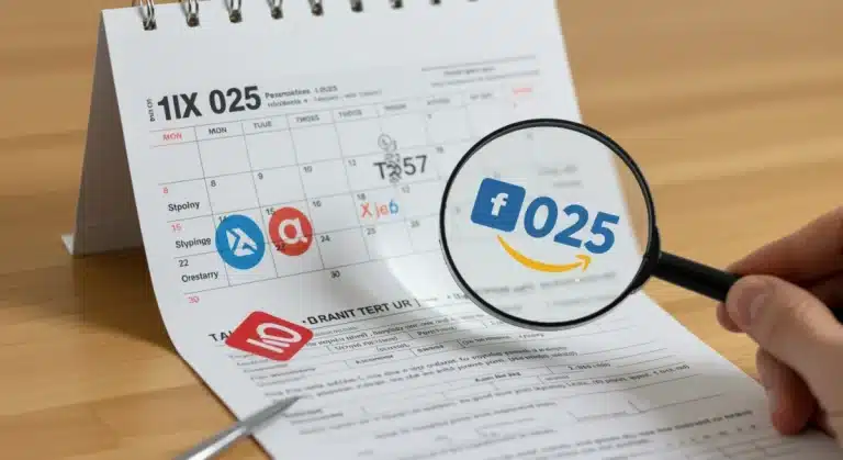 2025 tax form and marketplace logos with magnifying glass, symbolizing new regulations for US sellers.