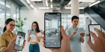 Shoppers using augmented reality on their devices to preview products in a vibrant e-commerce environment.