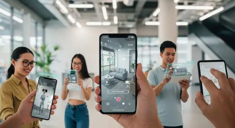 Shoppers using augmented reality on their devices to preview products in a vibrant e-commerce environment.