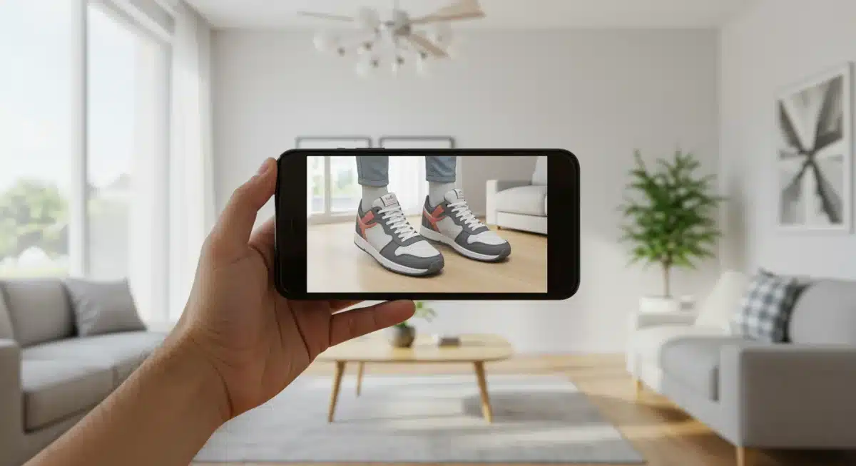 Customer virtually trying on sneakers using augmented reality on a smartphone.