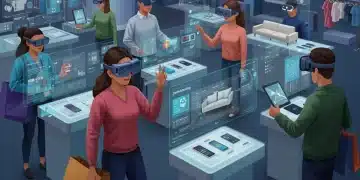 Shoppers using AR and VR in a modern digital retail setting to visualize products.
