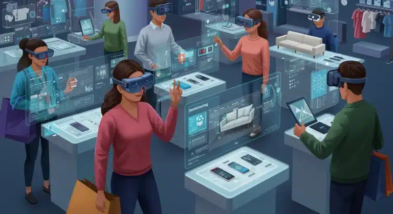 Shoppers using AR and VR in a modern digital retail setting to visualize products.