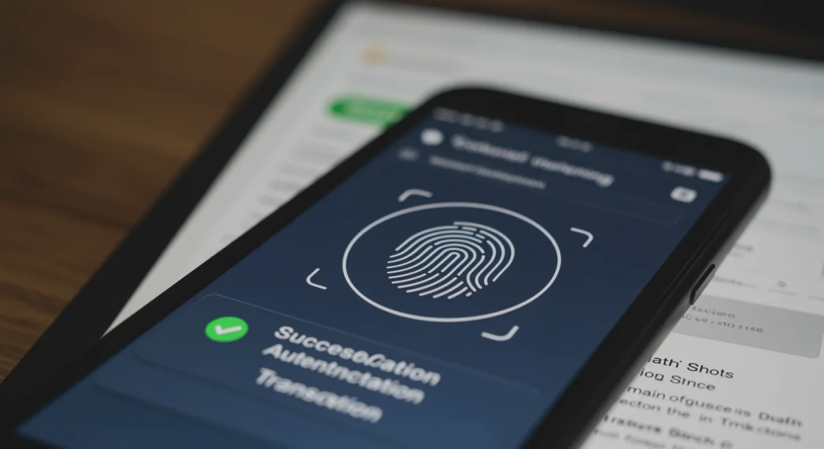Smartphone screen showing successful biometric payment authentication with fingerprint icon.