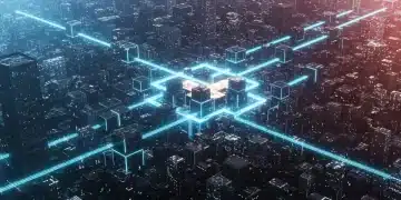 Futuristic cityscape with modular blocks symbolizing composable commerce architecture and data flow.