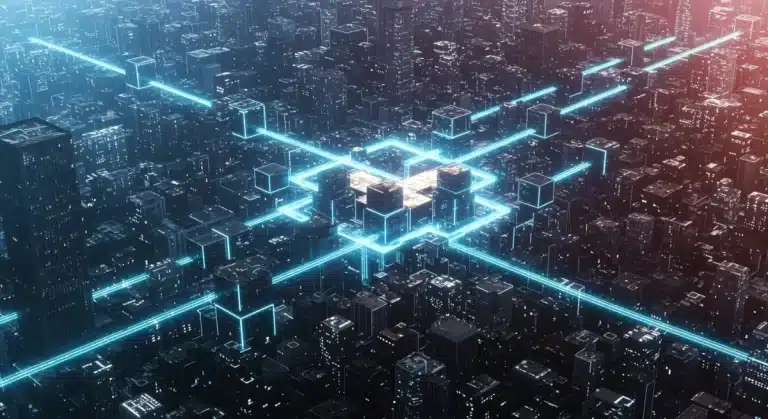 Futuristic cityscape with modular blocks symbolizing composable commerce architecture and data flow.