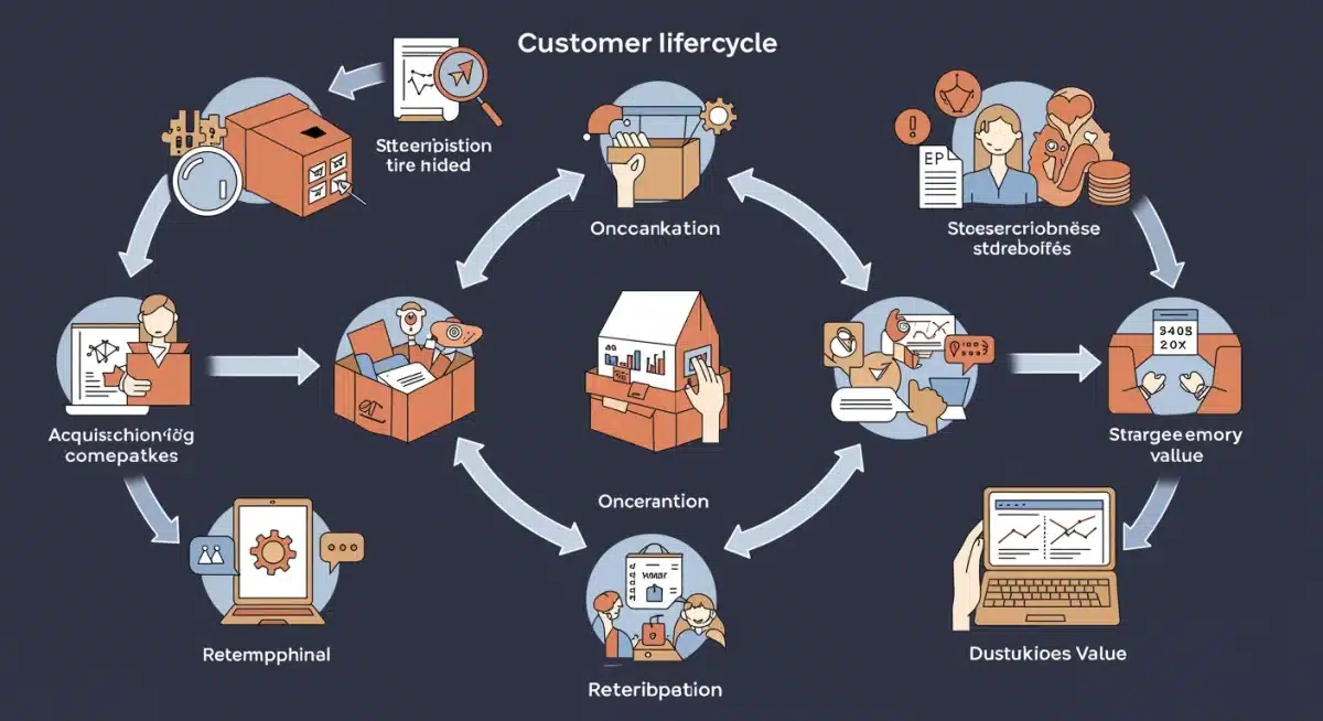 Infographic showing subscription box customer lifecycle: acquisition, onboarding, retention, and loyalty strategies.