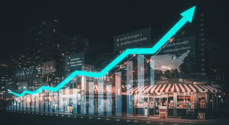 Data streams flowing into a profit graph with e-commerce sites and U.S. map, symbolizing data-driven pricing strategies and financial growth.