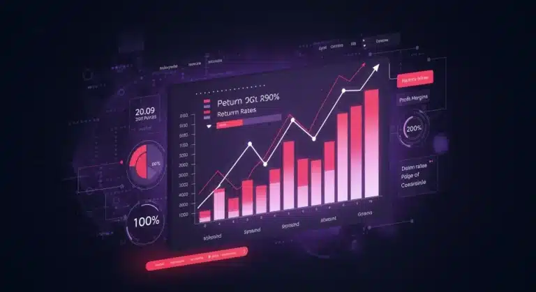 Digital dashboard showing reduced return rates and increased profit margins for e-commerce.