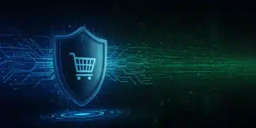 Digital shield protecting e-commerce cart, symbolizing cybersecurity data protection