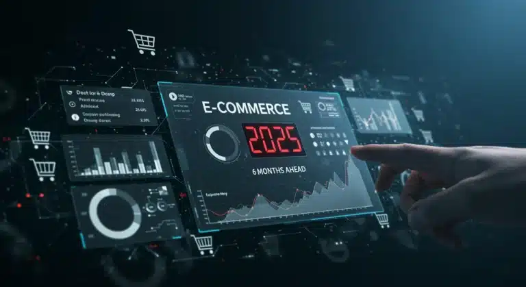 Futuristic dashboard showing e-commerce predictive analytics for 2025 planning