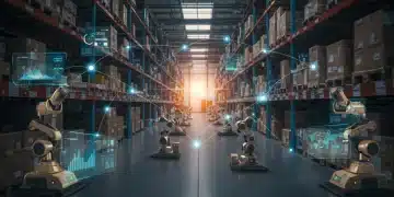 Automated warehouse with real-time inventory data on screens, showing efficiency for e-commerce.