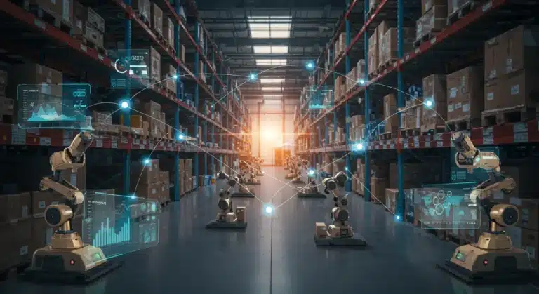 Automated warehouse with real-time inventory data on screens, showing efficiency for e-commerce.
