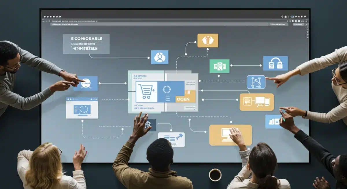 Team collaborating on a digital screen showing a composable commerce architecture diagram.