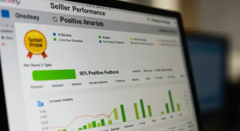 eBay seller dashboard showing 95% positive feedback and performance metrics