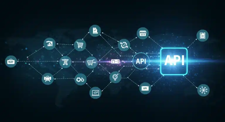 Illustration of e-commerce API integrations connecting various platforms for seamless data exchange.