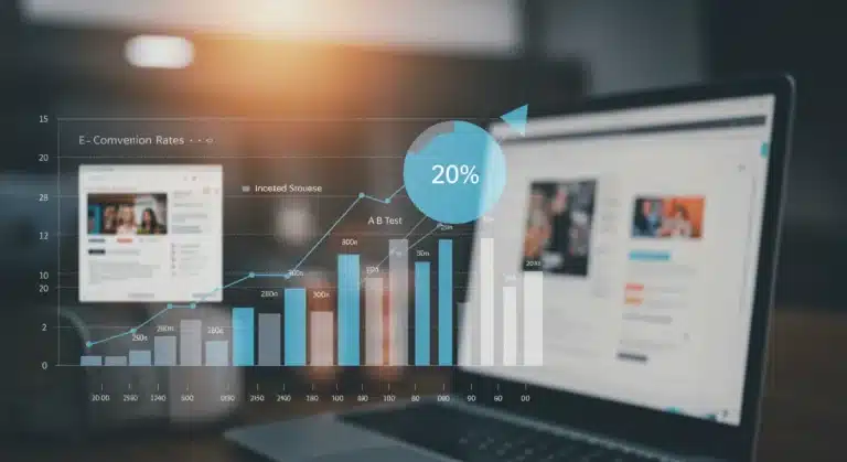 E-commerce dashboard showing 20% conversion rate increase with A/B testing