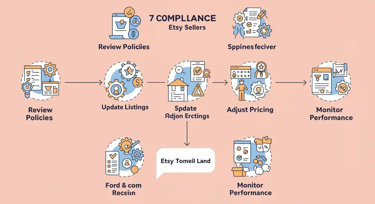 Flowchart illustrating a 7-step compliance process for Etsy sellers to navigate new policies