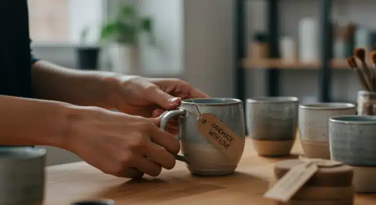 Artisan carefully wrapping handmade ceramic mug for shipping, symbolizing Etsy seller compliance