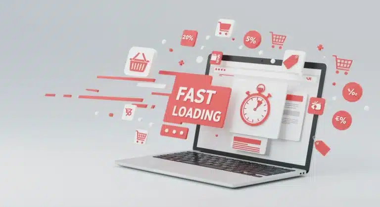 Fast-loading e-commerce website on a laptop with speed indicators