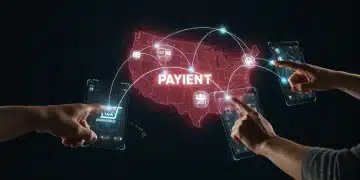Futuristic digital payment interface with glowing lines and hands, representing innovation in U.S. e-commerce payments.