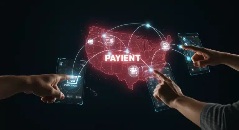 Futuristic digital payment interface with glowing lines and hands, representing innovation in U.S. e-commerce payments.