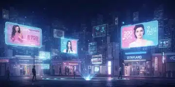 Futuristic digital retail advertising landscape with holographic displays