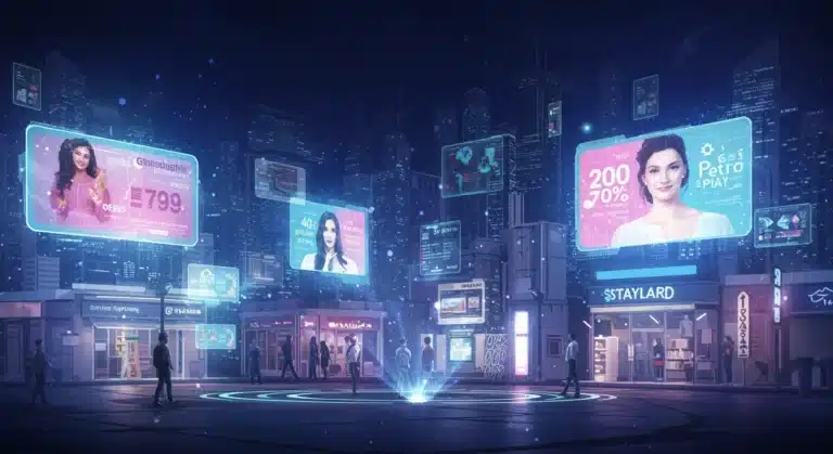 Futuristic digital retail advertising landscape with holographic displays