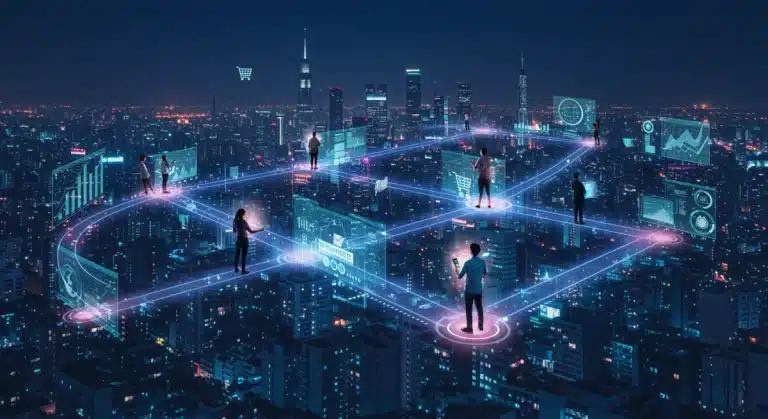 Futuristic digital retail landscape showing e-commerce growth trends in the US