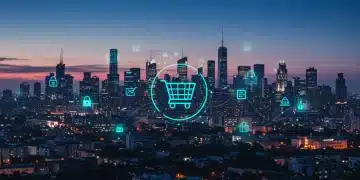 Futuristic digital city with e-commerce payment network