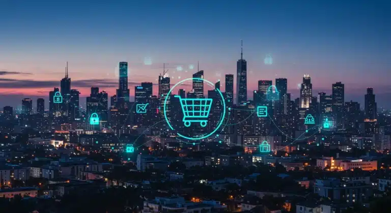 Futuristic digital city with e-commerce payment network
