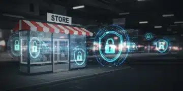 Futuristic e-commerce platform with security shields and speed metrics.