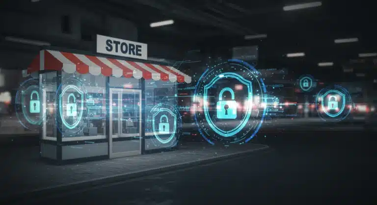 Futuristic e-commerce platform with security shields and speed metrics.