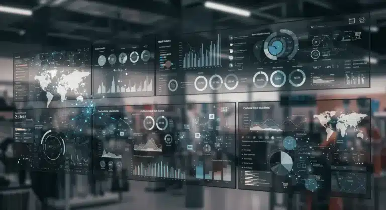 Futuristic retail analytics dashboard showing cross-channel customer journey tracking