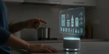 Futuristic kitchen scene with person interacting with smart speaker for voice commerce