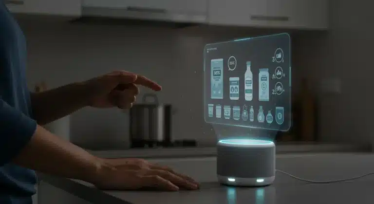 Futuristic kitchen scene with person interacting with smart speaker for voice commerce