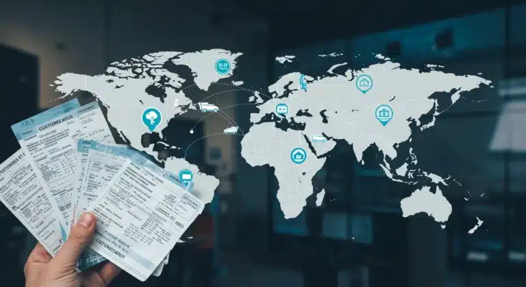 Global e-commerce network with shipping lanes targeting the US, representing cross-border trade challenges and growth.