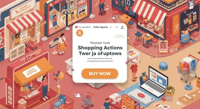 Digital marketplace interface featuring Google Shopping Actions, demonstrating increased e-commerce conversions for 2025.
