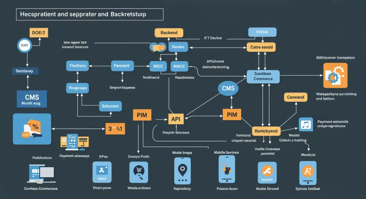 Diagram showing headless commerce architecture with decoupled frontend and backend, connected by APIs, serving multiple customer touchpoints.