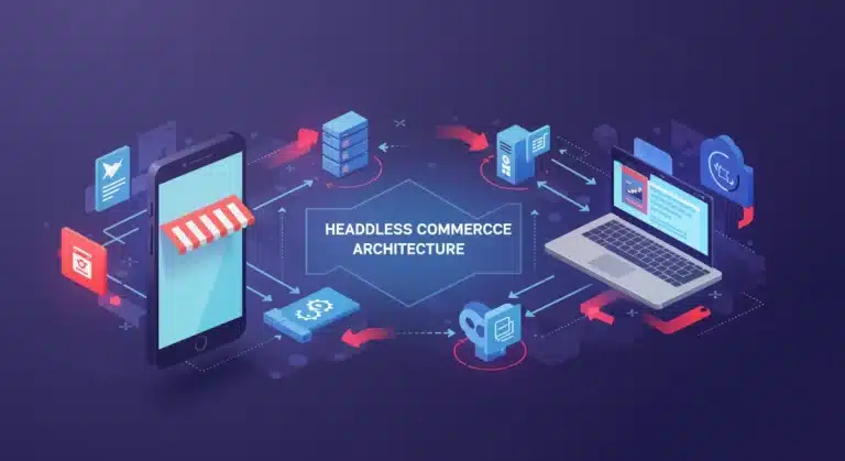 Headless commerce architecture diagram showing decoupled frontend and backend systems for fast e-commerce