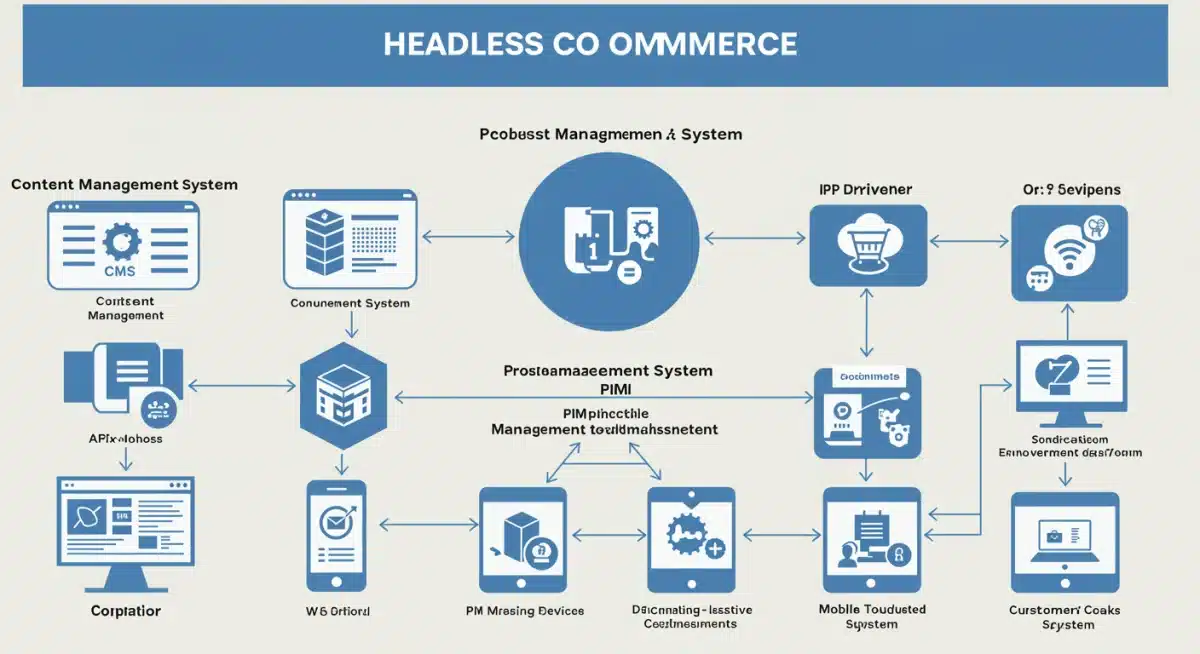 Detailed diagram of headless commerce ecosystem with API integrations