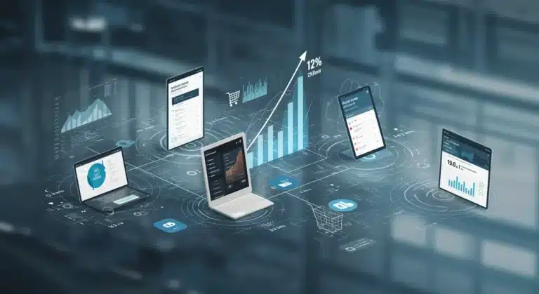 Dynamic visualization of headless commerce architecture with interconnected digital components and a growth chart indicating 12% flexibility gain for U.S. e-commerce by 2025.