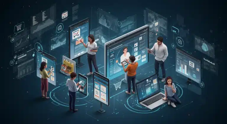 Hyper-personalization strategy in U.S. e-commerce for 2025, showing diverse customers interacting with tailored digital shopping experiences.