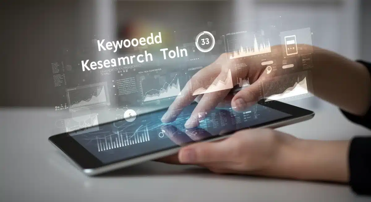 Hand analyzing keyword research data on a tablet for e-commerce