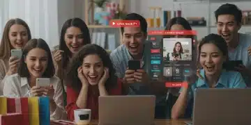 Live shopping event on a digital screen, with diverse people engaging, showing product displays and chat features.