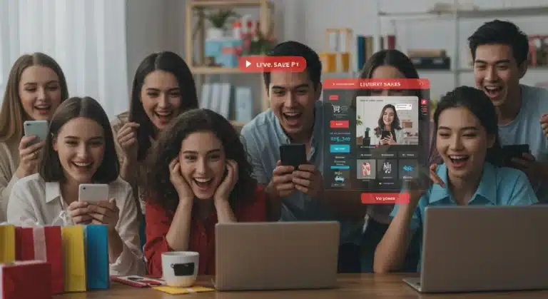 Live shopping event on a digital screen, with diverse people engaging, showing product displays and chat features.
