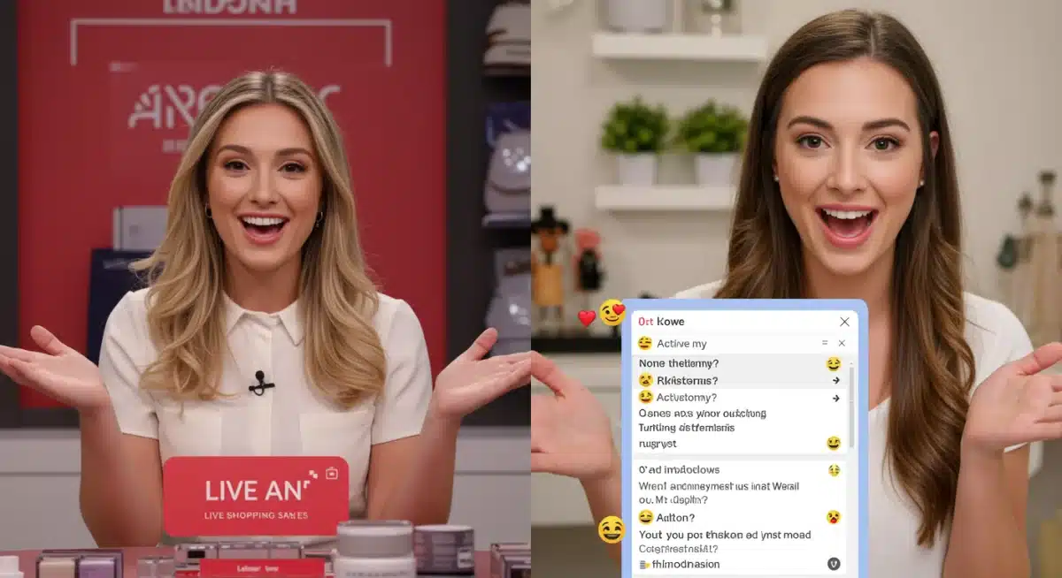 Live shopping host interacting with customers via chat during a product demonstration