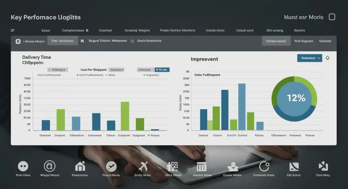 Logistics dashboard showing 12% delivery time improvement and optimized fulfillment metrics.