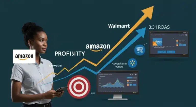 Digital dashboard showing 3:1 ROAS target with Amazon and Walmart logos