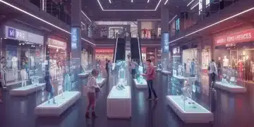 Futuristic metaverse shopping mall with avatars and holographic displays