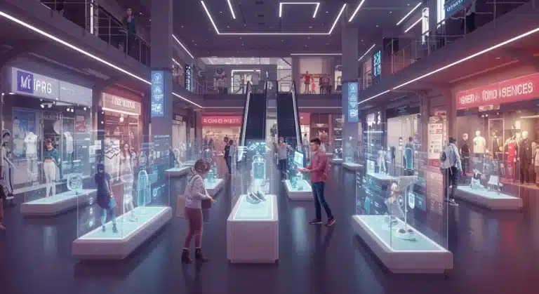Futuristic metaverse shopping mall with avatars and holographic displays